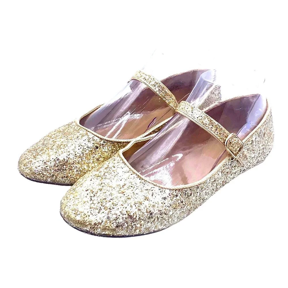 Girls Gold Glittery Ballet Mary Jane Flats Party Shoes Size 5 J. Crew Factory